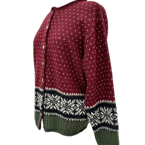 TALLY HO Vintage Burgundy & Olive Fair Isle Button Front Cardigan - Picture 5 of 9